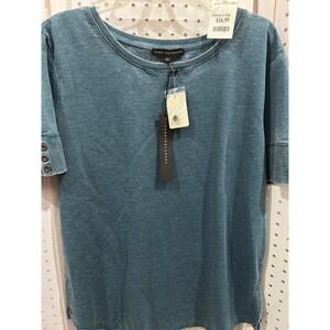 NEW Jane + Delancey Blue Washed Cotton Blend Crew Neck T Shirt Top Womens L